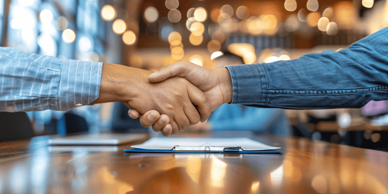Image shows a handshake with an assessment in the background. Showing that a hiring agreement was made based on the assessment.